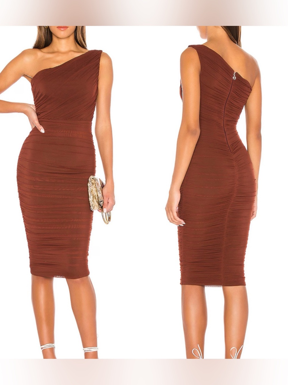 Nookie x REVOLVE Inspire Chocolate One Shoulder Ruched Midi Dress L NWT